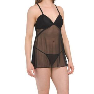 Flora Size L Babydoll Sheer Lingerie, 2 Piece in Black New